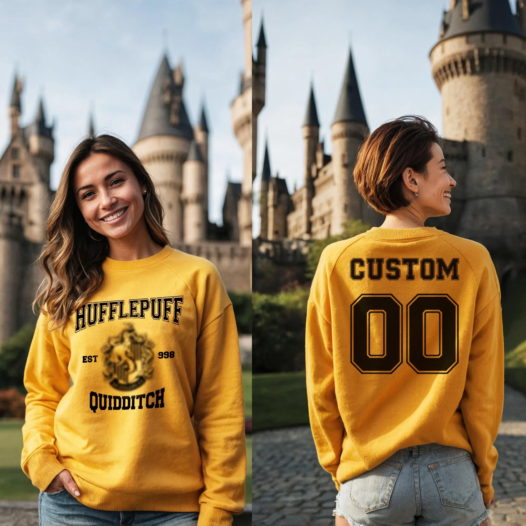 Personalized Hufflepuff Quidditch Crew Neck Sweater Sweatshirt Women Gold Yellow Magical Pixel Shop